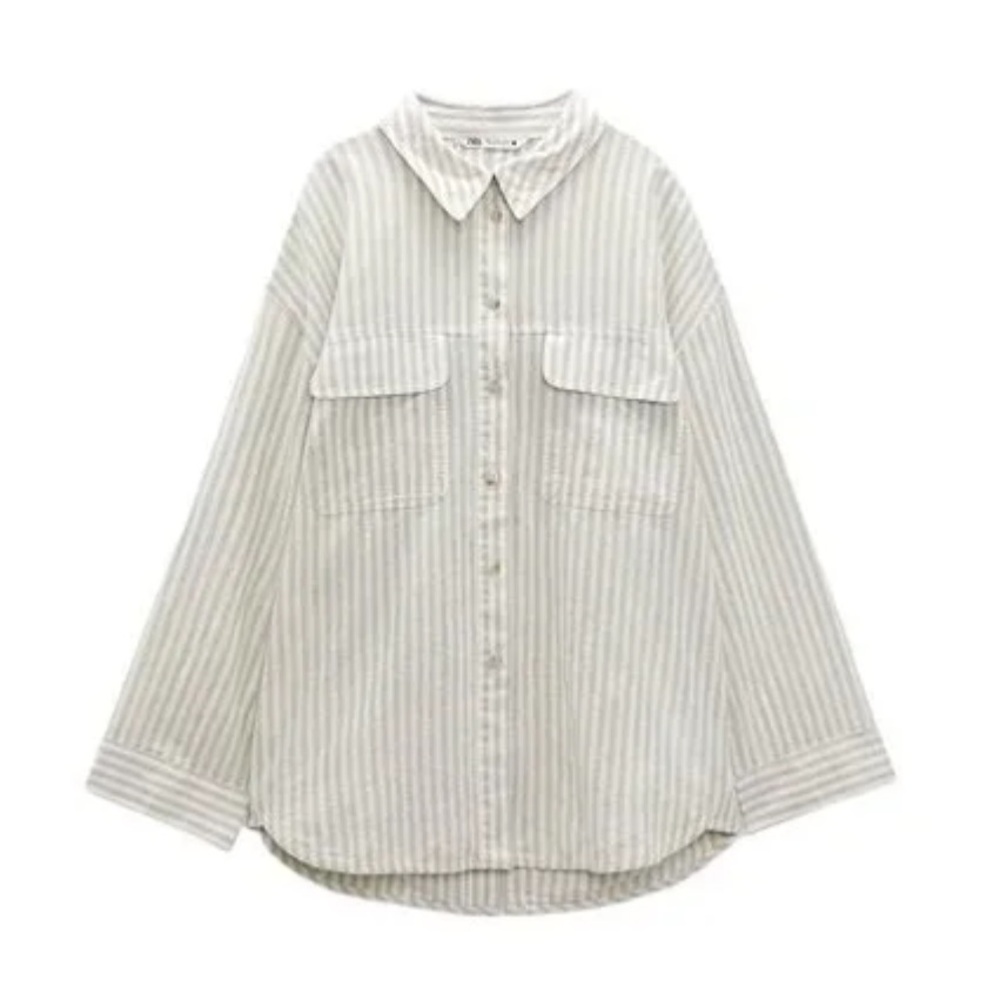 ZARA STRIPED LINEN BLEND SHIRT GREEN